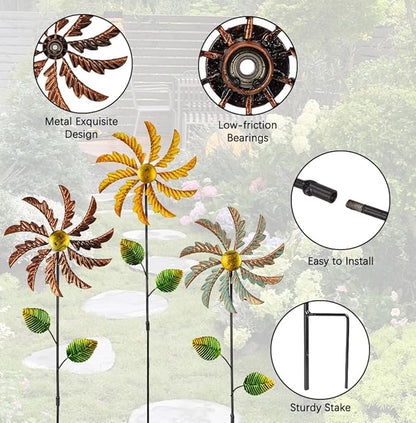 Stargarden 3Pcs Metal Wind Spinners, Garden Pinwheels for Yard, Small Windmills Decorative Garden Stakes for Yard Lawn Patio Outdoor