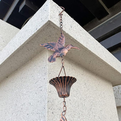 8.5FT Rain Chain, Hummingbird Rain Chains for Gutters, Functional and Decorative Replacement Downspout Chain for Outside, Metal Garden Rainwater Diverter Catcher Chains, Antique Copper