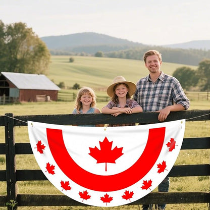 6 x 3 FT Flat Canada Flag Bunting – No-Pleat Half Circle Maple Leaf Banner with Grommets, Red White Patriotic Fan Flag for Outdoor Porch, Fence, Wall, Window, July 1st Canada Day Decorations