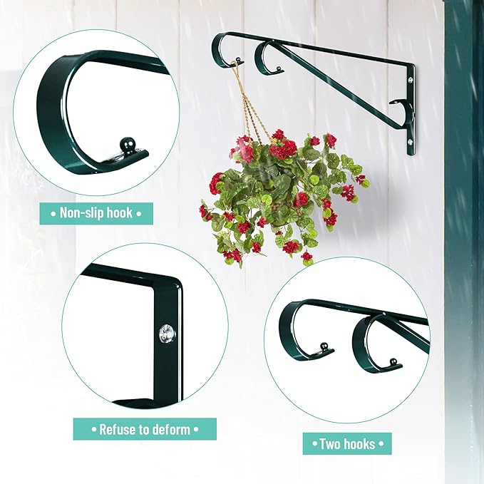 Plant Hangers Outdoor 2 Pack 15.5 Inch Metal Plant Hooks for Wall, Decorative Straight Hanging Plant Bracket for Bird Feeders, Planters, Lanterns, Wind Chimes, Blackish Green