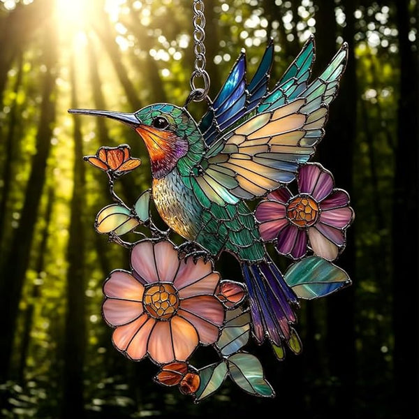 Hummingbird Pink Blossom Acrylic Suncatcher, Hummingbird Window Hanging Ornaments, Stained Glass Effect Garden Decor, Gift for Mother's Day, Mom, Grandma, Wife, Women