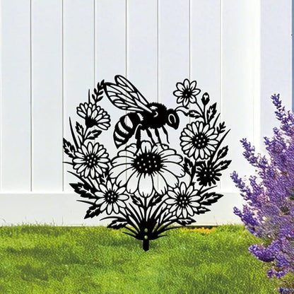 SUPERDANT 1 Pcs Metal Garden Stake Bee Flowers Silhouette Yard Art Plug-In Black Sunflower Iron Decor Lawn Ornament Sign For Lawn Patio Courtyard Farm