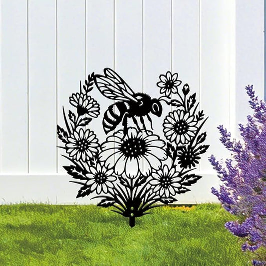 SUPERDANT 1 Pcs Metal Garden Stake Bee Flowers Silhouette Yard Art Plug-In Black Sunflower Iron Decor Lawn Ornament Sign For Lawn Patio Courtyard Farm
