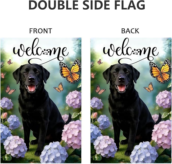 Large Spring Summer Black Lab Labrador Dog Hydrangea Garden Flags 28 x 40 Double Sided, Burlap Spring House Flag for Outside, Large Summer Welcome Outdoor Yard Flags Decorations for Yard Garden Décor