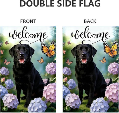 Large Spring Summer Black Lab Labrador Dog Hydrangea Garden Flags 28 x 40 Double Sided, Burlap Spring House Flag for Outside, Large Summer Welcome Outdoor Yard Flags Decorations for Yard Garden Décor