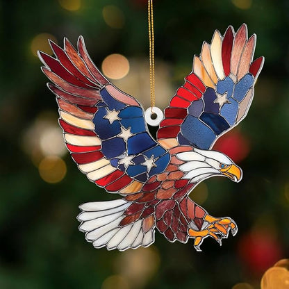 Bald Eagle Patriotic Ornament – Stained Glass American Flag Suncatcher, Acrylic Hanging Decor, USA Pride Home Office Gift, Veterans Independence Day & 4th of July Christmas Tree Ornament (Sun-11)