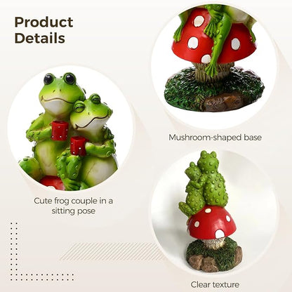 Frog Statue Couple Sitting on Mushroom Figurine, Hand-Painted Resin 7.87 in Garden Decor, Outdoor Garden Decor for Home, Patio, Lawn, Yard Decorations