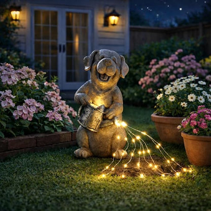 Lavezee Garden Dog Statue with String Lights, Puppy Garden Statue Outdoor for Patio Lawn Porch Walkway, Ideal Gifts for Dog Lovers Women Mom Grandma