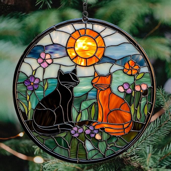 Vivid Cat Mosaic Art Acrylic Suncatcher Stained Glass Effect Window Car Hanging Christmas Ornament Indoor Outdoor Decor Garden Sun Catcher Panel Gifts for Cat Lover for Women Mom Grandma