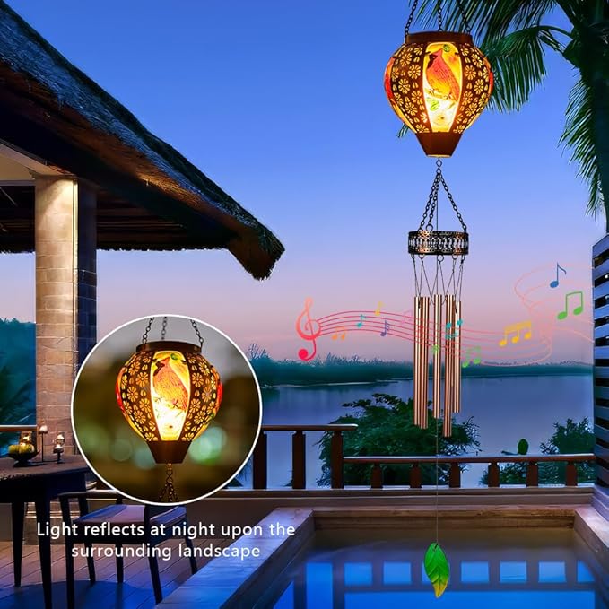 Starsoul Solar Wind Chimes for Outside, Cardinal Hot Air Balloon with Flickering Flame Solar Wind Chime, Glass Windchimes Outdoors Garden Decor, Gift for Mother's Day Mom Grandma