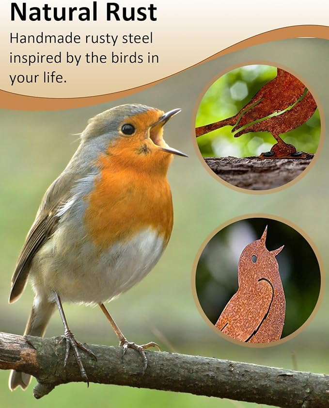 Rusty Birds Decoration, Metal Bird Craft Statue Ornaments Fence Topper Decor, Lifelike Patina Bird Decor Outdoor Ornaments Silhouette, Garden Fence Country Yard Art Gardening, Iron Material (5 Pcs)