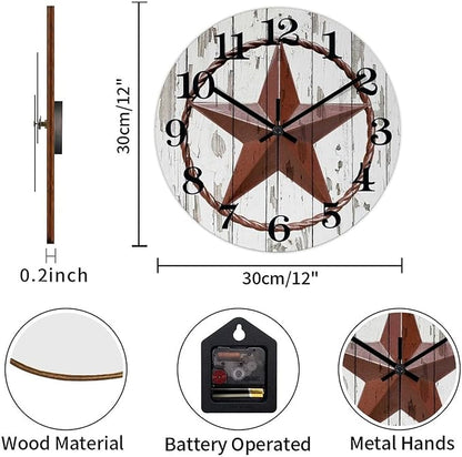 Round Farmhouse Wall Clock Western Texas Star Country Style Wood Clock Quiet Non-ticking Battery Operated with Large Numbers Antique Wall Hanging Desk Clock for Living Room Patio Patio 12 Inch