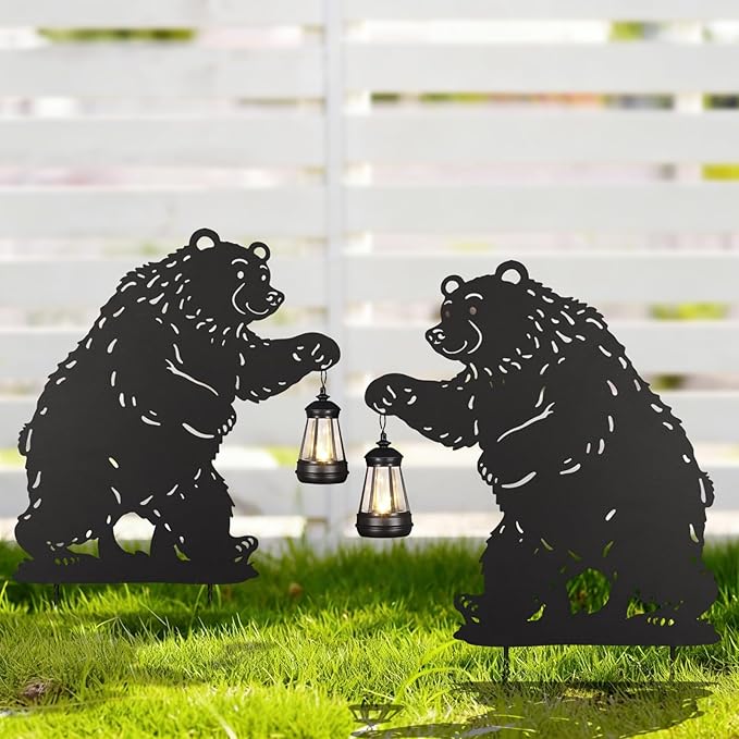 nawaza Bear Metal Garden Stakes Decorative 2Pack,Solar Lights Outdoor Garden Decor Stake,Birthday Gifts for Mom Women,Decorative Metal Housewarming Ornament for Lawn Patio Yard Pathway Black.