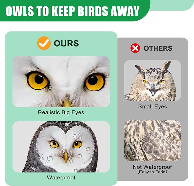 Owls to Keep Birds Away: 4Pcs Fake Owl with Reflective Tape for Orchard Garden Patio Pool, Reflective Hanging Decoration to Keep Birds Pigeon from Windows Tree Vineyard