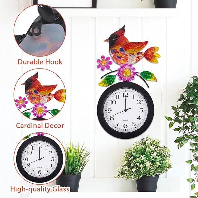Outdoor Clock with Cardinal and Flowers, Cardinal Birds Outdoor Wall Clock Waterproof, Silent No-Ticking Outdoor Clocks for Garden, Fence, Patio, Living Room