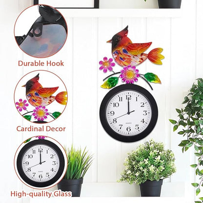 Outdoor Clock with Cardinal and Flowers, Cardinal Birds Outdoor Wall Clock Waterproof, Silent No-Ticking Outdoor Clocks for Garden, Fence, Patio, Living Room
