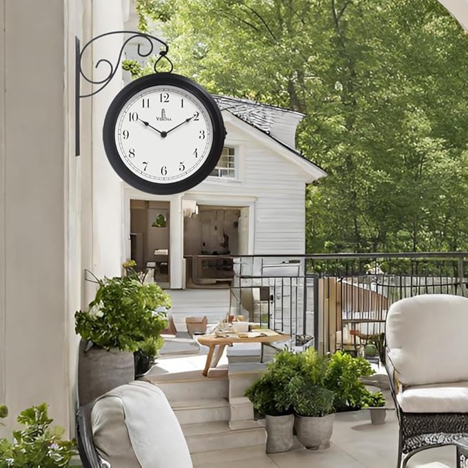 Metal Double Sided Wall Clock 10" - Decorative Indoor Outdoor Double Sided Clock - Easy to Read, Hanging Train Station Style for Patio, Garden, Office & More - Antique Style Outside Corner Wall Decor