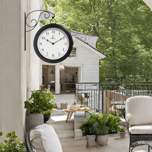 Metal Double Sided Wall Clock 10" - Decorative Indoor Outdoor Double Sided Clock - Easy to Read, Hanging Train Station Style for Patio, Garden, Office & More - Antique Style Outside Corner Wall Decor