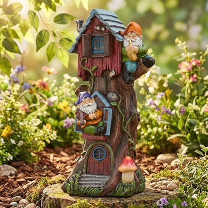 TERESA'S Collections 11" Tall Large Garden Statues Gnome Treehouse with Solar Outdoor Light, Garden Sculptures Statues Figurines Resin Garden Decor Lawn Ornaments Patio Yard Decor Gifts for Mom