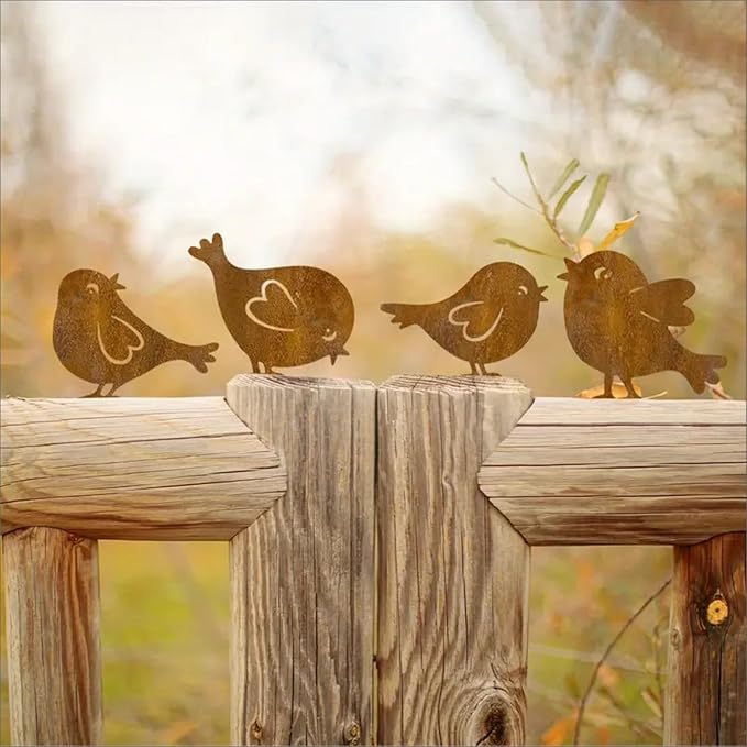 Rusty Birds Decoratio Metal Bird Art Silhouettes Courtyard Garden Déco rand Courtyard Garden Rustic Outdoor Décor Backyard Fence Décor 4Piece Metallic Rust-Colored