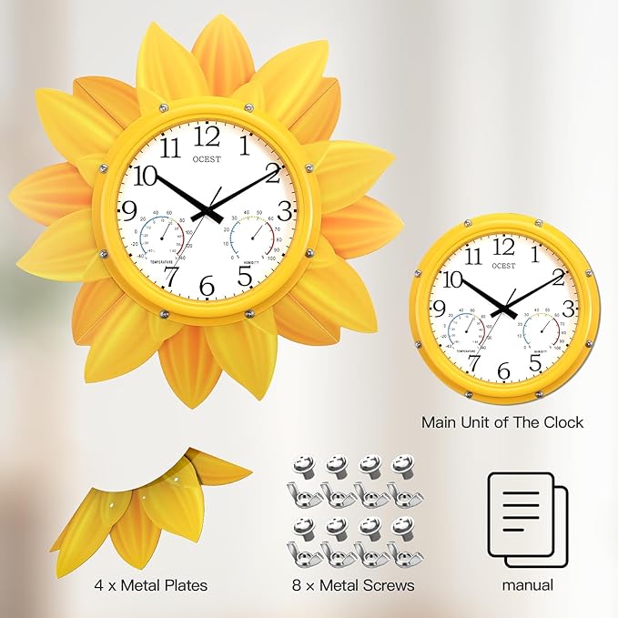 OCEST 24 Inch Indoor Outdoor Clock, Waterproof Large Wall Clock with Thermometer Hygrometer Combo, Silent Non-Ticking Battery Operated Decor for Patio Pool Porch Garden Garage