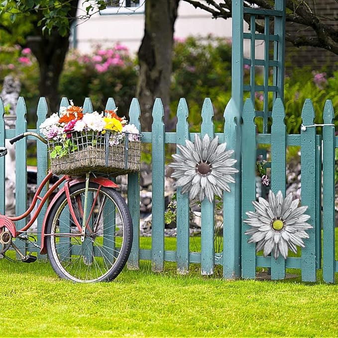 Galvanized Farmhouse Metal Flowers Wall Decor Inspirational,Wall Decor Hanging for Indoor Outdoor Home Bedroom Living Room Office Porch Patio Garden Fence 13Inch,Handmade Gift, Set of 2
