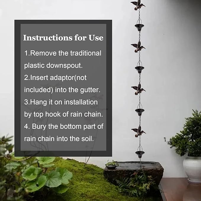 Lotus Rain Chain, 6.5FT Rain Chain Gutters, Adjustable Rain Catcher Chain with 10 Cups, Rain Chain Downspouts for Outdoor Gutter (Hummingbird)