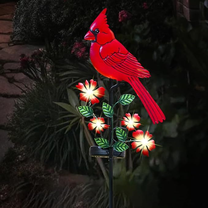 Cardinal Decor Garden Stake,Solar Metal Yard Art Red Cardinal, Cardinal Bird Figurine Lights with Powered LED Garden Sculptures & Statues, Outdoor Decor for Balcony, Yard, Lawn, Pathway, Walkway