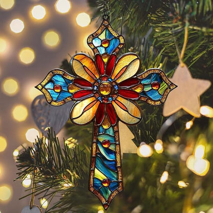 Christian Cross Acrylic Suncatcher Stained Glass Effect Window Car Hanging Christmas Ornament Indoor Outdoor Decor Garden Memorial Sun Catcher for Family Christmas Jesus Gift for Women Mom Grandma