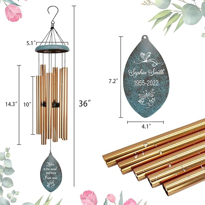ASTARIN Personalized Name 35" Memorial Wind Chimes for Outside, Metal Sympathy Gifts for Loss of Mother Father Loved One, Bereavement Wind Chime in Memory Gift, Decor Garden Patio,Produced in USA