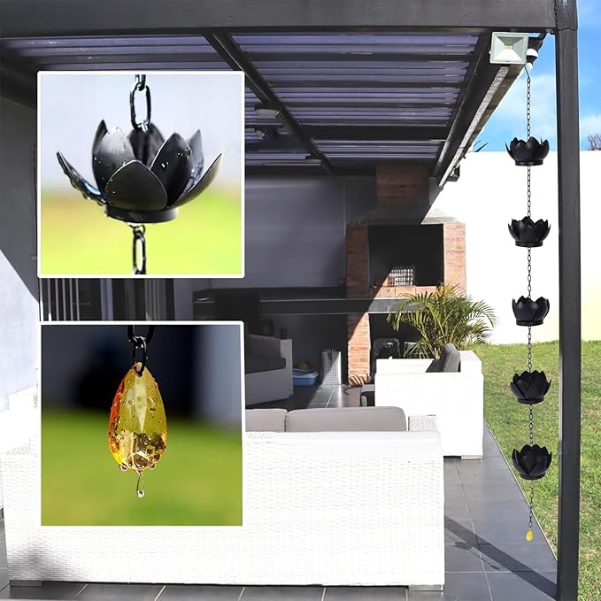 Pssopp Rain Catcher Garden Ornament, Metal Handmade Hanging Lotus Rain Chain for Gardens Porches Gazebos Decks
