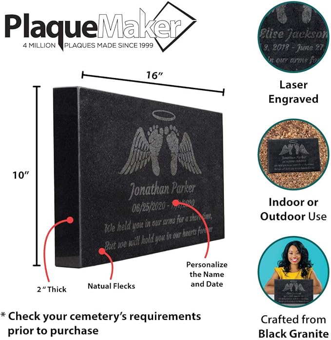 PlaqueMaker Black Granite Memorial Headstone Or Garden Memorial for Lost Infant or Child - Include You Personalized Text. Can be Used as a Sympathy Gift, Garden Stone or Grave Maker (16 X 10 X 2)