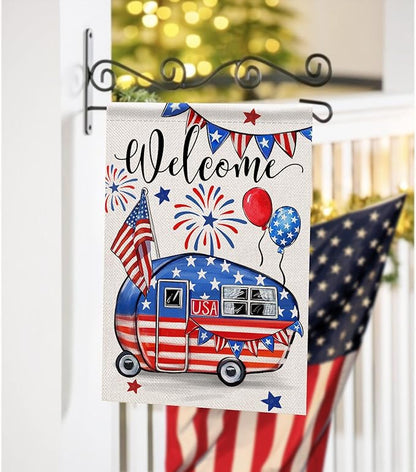 Welcome 4th of July Camping Patriotic Decorative Garden Flag, America USA Stars Stripes Camper RV Yard Outside Decorations, American Campsite Outdoor Small Home Decor Double Sided 12 x 18