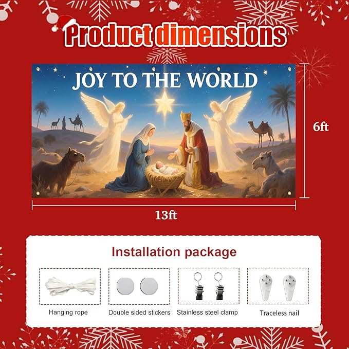 HOMETITUTE Christmas Garage Door Banner 13x6ft Joy to the World Nativity Scene Backdrop Banners for Outside Indoor Christmas Door Cover Garage Wall Covering for Party Garage Decorations