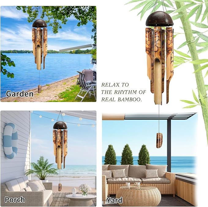 ASTARIN Bamboo Wind Chimes for Outside,Handcrafted Wooden Wind Chimes for Outside with Coconut Crown, Floral Burned Design Bamboo Windchimes for Garden,Yard,Home(35 Inch)(FSC Certified)