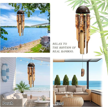 ASTARIN Bamboo Wind Chimes for Outside,Handcrafted Wooden Wind Chimes for Outside with Coconut Crown, Floral Burned Design Bamboo Windchimes for Garden,Yard,Home(44 Inch) (FSC Certified)