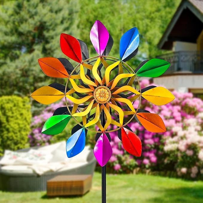 63 Inch Kinetic Wind Spinners with Garden Stake, Rainbow Metal Windmill Decorations, 360 Swivel Outdoor Wind Sculpture, Dual Direction Colorful Wind Catcher for Yard Art, Lawn, Garden Decor, Gifts