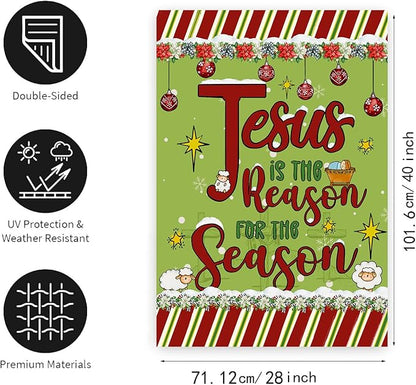 Jesus is the Reason House Flag Christian Christmas Flags 28x40 Double Sided Religious Garden Flag for Outside Large Nativity Flag Outdoor Xmas Winter Decorative Banner