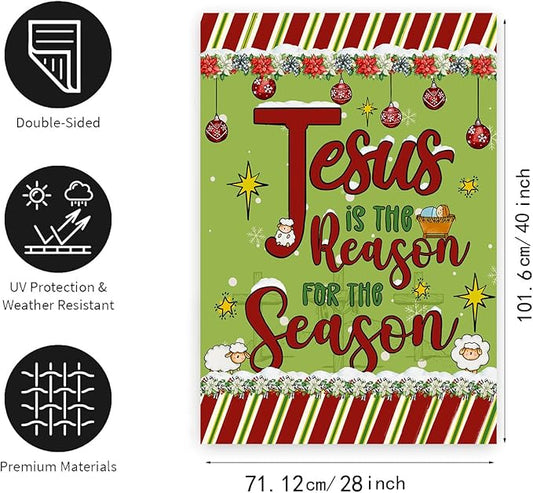 Jesus is the Reason House Flag Christian Christmas Flags 28x40 Double Sided Religious Garden Flag for Outside Large Nativity Flag Outdoor Xmas Winter Decorative Banner