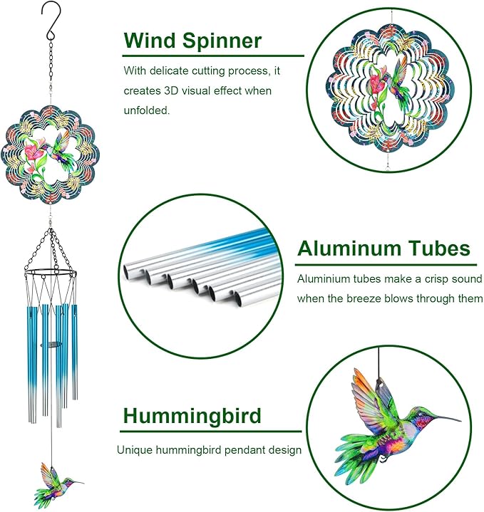 Hummingbird Wind Chimes for Outside, 3D Wind Chimes with Wind Spinner, Outdoors Hanging Decor for Garden, Patio and Balcony, Gifts for Men, Women, Mom, Lovers