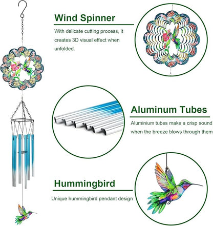 Hummingbird Wind Chimes for Outside, 3D Wind Chimes with Wind Spinner, Outdoors Hanging Decor for Garden, Patio and Balcony, Gifts for Men, Women, Mom, Lovers