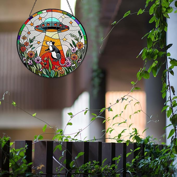 Opossum Wildflowers Sun Catcher Stained Glass Window Hanging for Women Funny Gifts for Window Hanging Handmade Sun Catcher Decoration for Garden Home, 7.87inch
