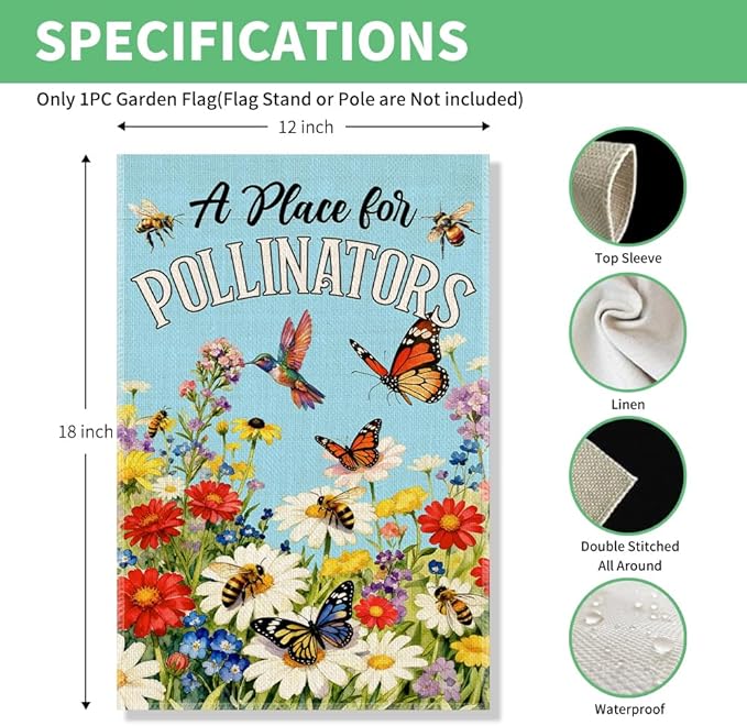 Perfectinsoy A Place for Pollinators Garden Flag, Pollinator Friendly Garden Sign, Hummingbird Wildflower Butterfly Bee Sign, Gardeners Bee Keepers Gifts, Welcome Yard Farmhouse Spring Outdoors Decor