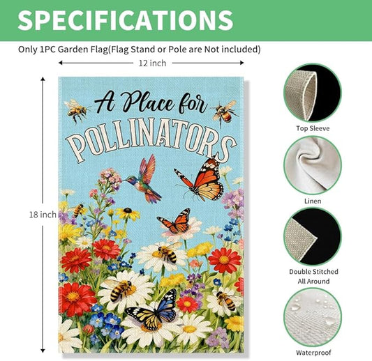 Perfectinsoy A Place for Pollinators Garden Flag, Pollinator Friendly Garden Sign, Hummingbird Wildflower Butterfly Bee Sign, Gardeners Bee Keepers Gifts, Welcome Yard Farmhouse Spring Outdoors Decor