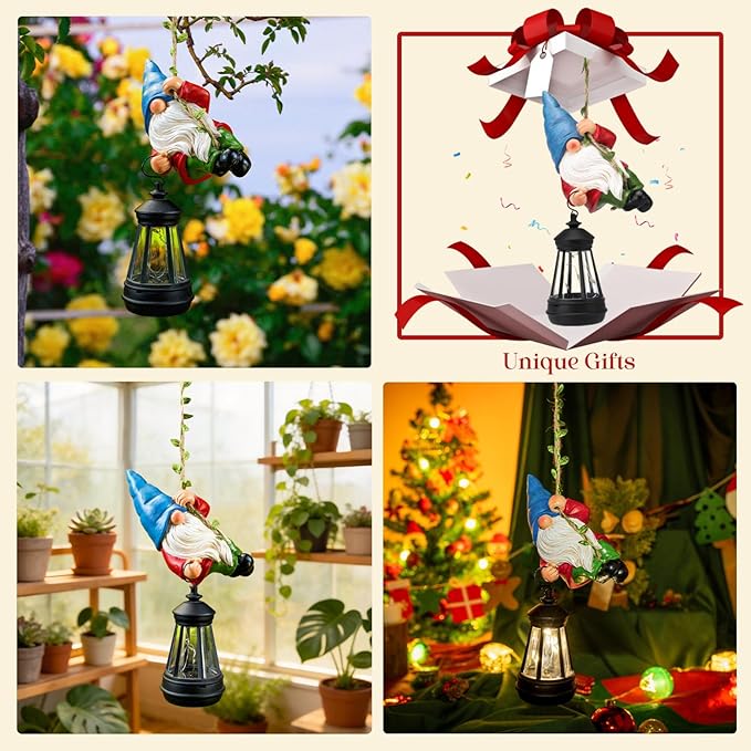 Solar Hanging Gnome Garden Statues Climbing Rope Gnome with LED Lantern Spring Outdoor Decor Tree Hugger Yard Porch Wall Fence Decoration Mother's Day Birthday Gifts for Mom Women
