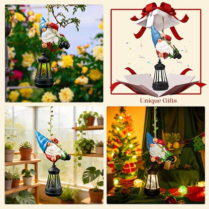 Solar Hanging Gnome Garden Statues Climbing Rope Gnome with LED Lantern Spring Outdoor Decor Tree Hugger Yard Porch Wall Fence Decoration Mother's Day Birthday Gifts for Mom Women
