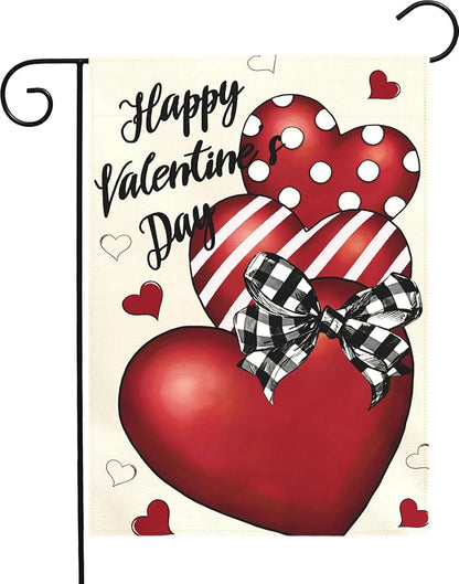 Valentines Day Garden Flag 12x18 Double Sided Happy Valentine’s Day Yard Banner with Red Hearts Polka Dot & Striped Love Heart Buffalo Plaid Bow Romantic Outdoor Decor for Porch Lawn Patio