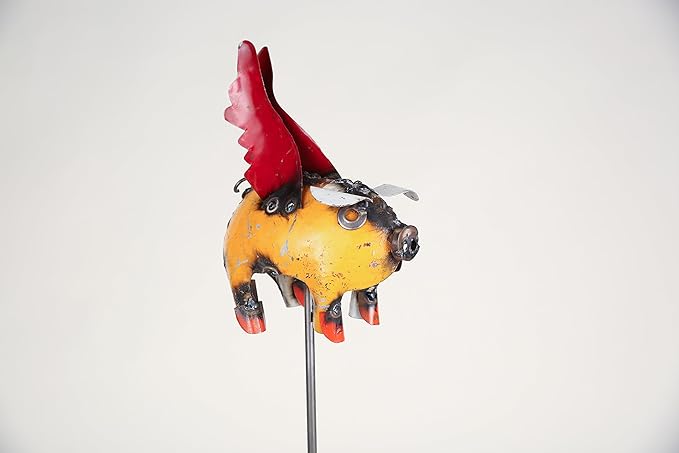 Flying Pig on a Stake-Recycled Metal Art-Sculpture-Garden-