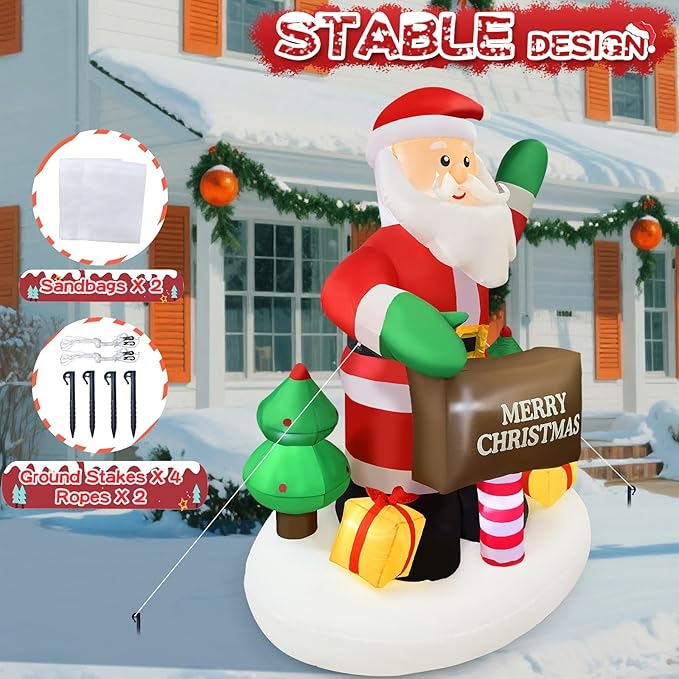 6FT Christmas Inflatable Waving Santa 6FT Holding Sign Santa Claus Christmas Inflatables Outdoor Decorations Xmas Santa Blow Up Yard Decor with 8 Built-in LEDs for Yard Garden Lawn(with Storage Bag)