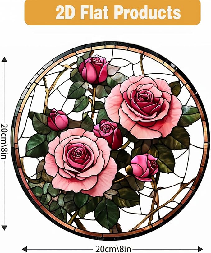 Valentine's Day SunCatcher Ornament for Stained Glass Window Hanging Pink Rose Romantic Valentine's Window Suncatchers Round Garden Ornaments Decor for Wife Women Girlfriend Gift